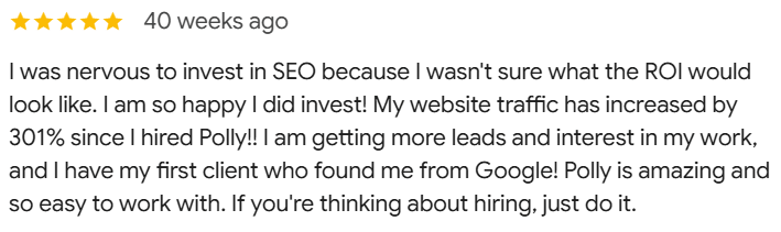 5-star google review from blogging client sharing website traffic increase of 300%