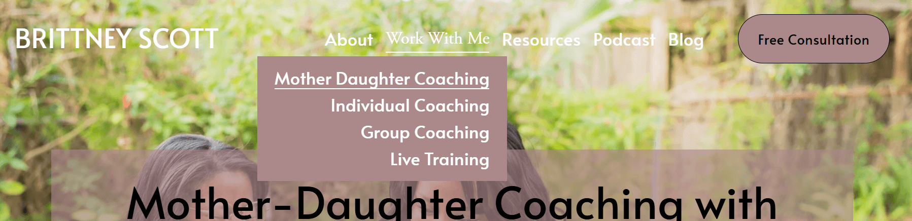 Image of dropdown menu of services from website of mother-daughter therapist.