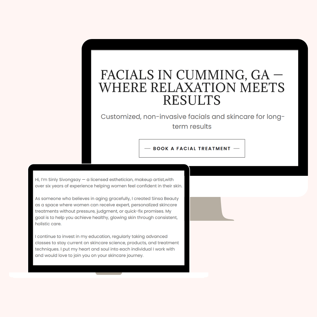 computer and laptop mockups showing Sinsa Beauty website copy