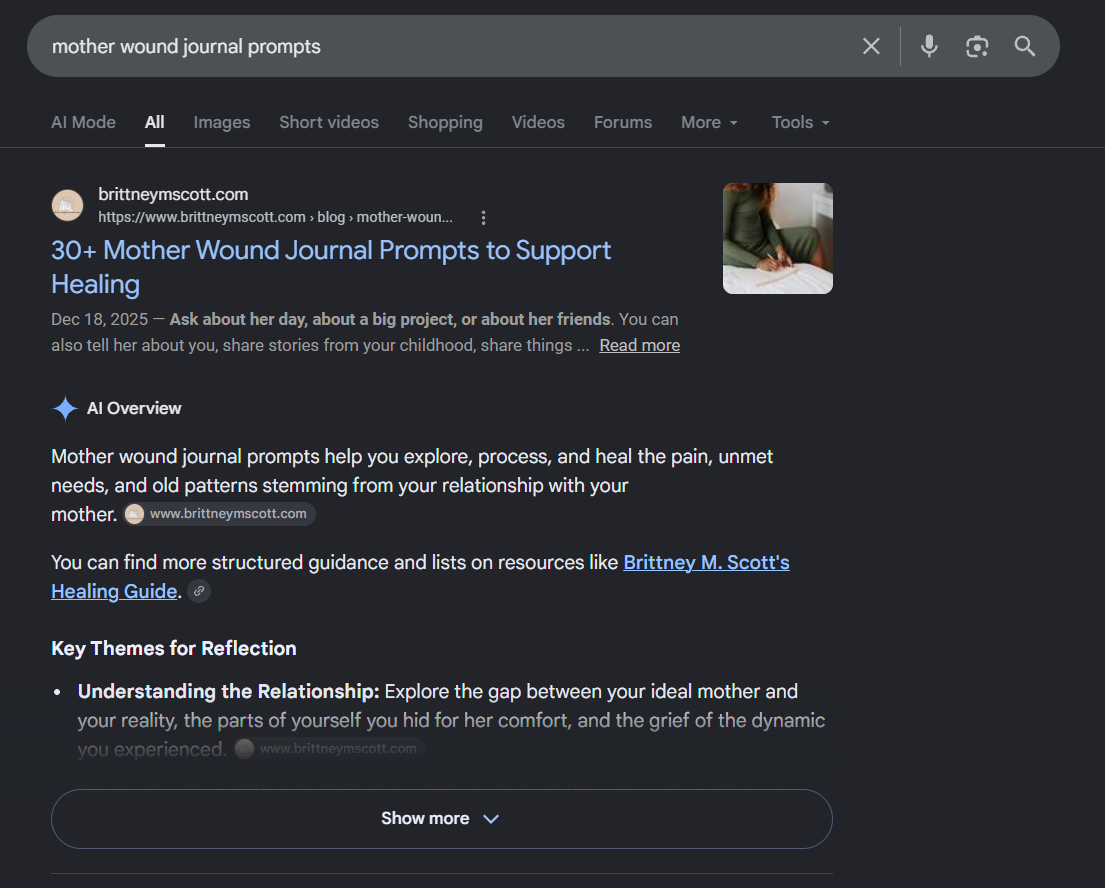 Example of Google AI Overview citing and boosting website as credible source.