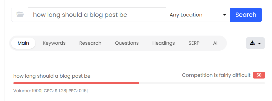 Keysearch showing average Google first page word count for keyword phrase, “how long should a blog post be”