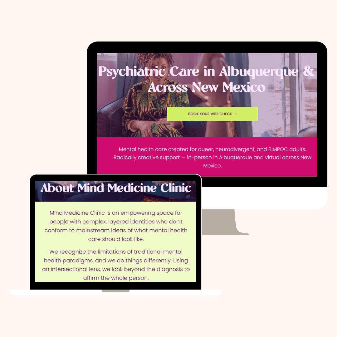 computer and laptop mockups showing Mind Medicine Clinic's website copy