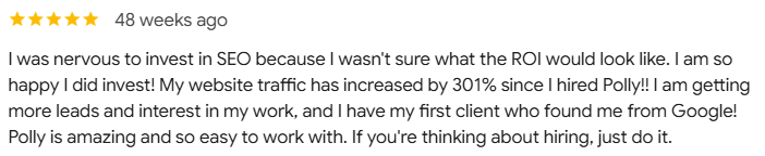 5-star Google review stating increased website traffic by 301% since working with Polly Clover Writes.