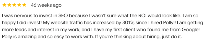 A 5-star Google review stating the reviewer's website traffic increased by 301% since working with Polly Clover Writes.