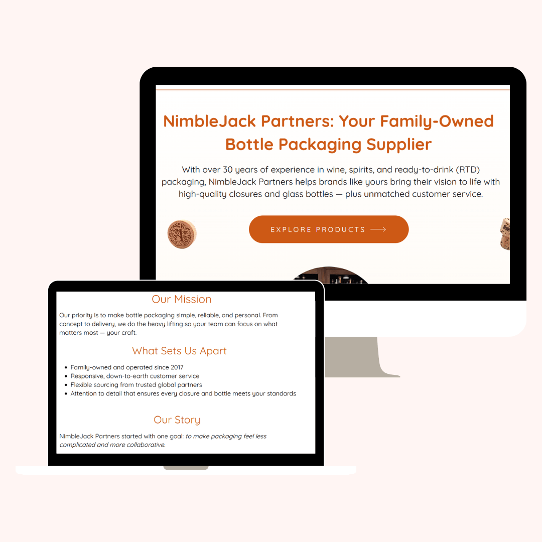 computer and laptop mockups showing NimbleJack Partner's website copy