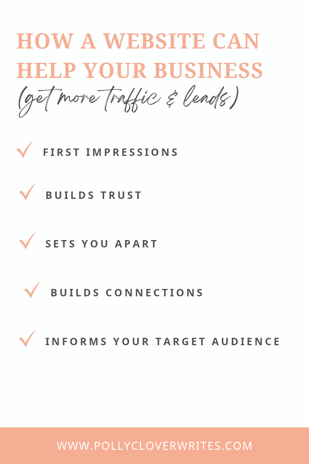 An infographic of ways a website can help your business, including first impressions, builds trust, sets you apart, builds connections, and informs your target audience.