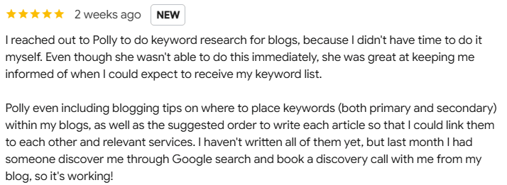 5-star Google review highlighting good communication and a lead through Google after keyword research by Polly Clover Writes.