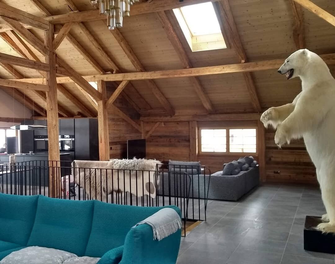 Sneak preview of our (nearly) finished farmhouse renovation in St Gervais. Please note, the polar bear is fully certified, it died in captivity of natural causes.

The entire time frame was propped in place whilst the old crumbling stone walls below 