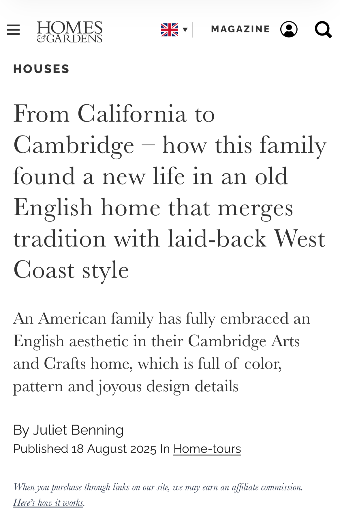 Webpage screenshot of Homes & Gardens magazine article titled 'From California to Cambridge,' discussing a family transforming an English home with colorful, pattern-filled decor. Published August 18, 2025.