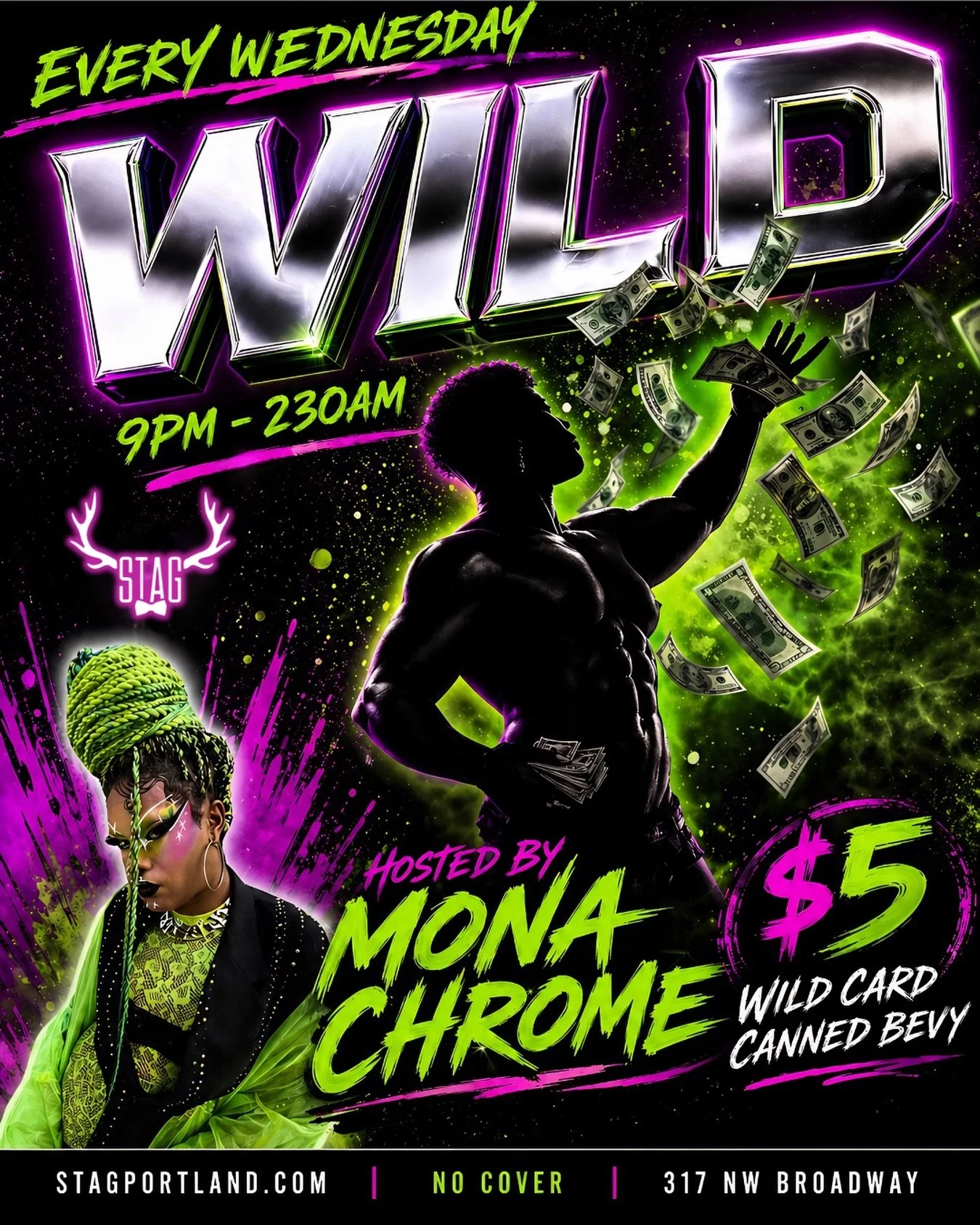 Midweek looking a little boring? Not at Stag 😈 

Join us EVERY WEDNESDAY for WILD Hosted by the one and only Mona Chrome 💚✨
with dancers serving looks, moves, and nonstop midweek energy from 9PM&ndash;230AM 🔥💃

🍹 $5 Wild Card canned bevys 
🕘 9P