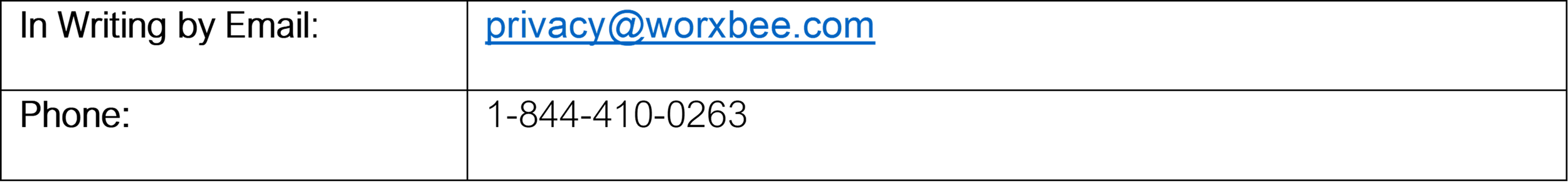 Worxbee privacy policy email contact is privacy@worxbee.com or call 1-844-410-0263