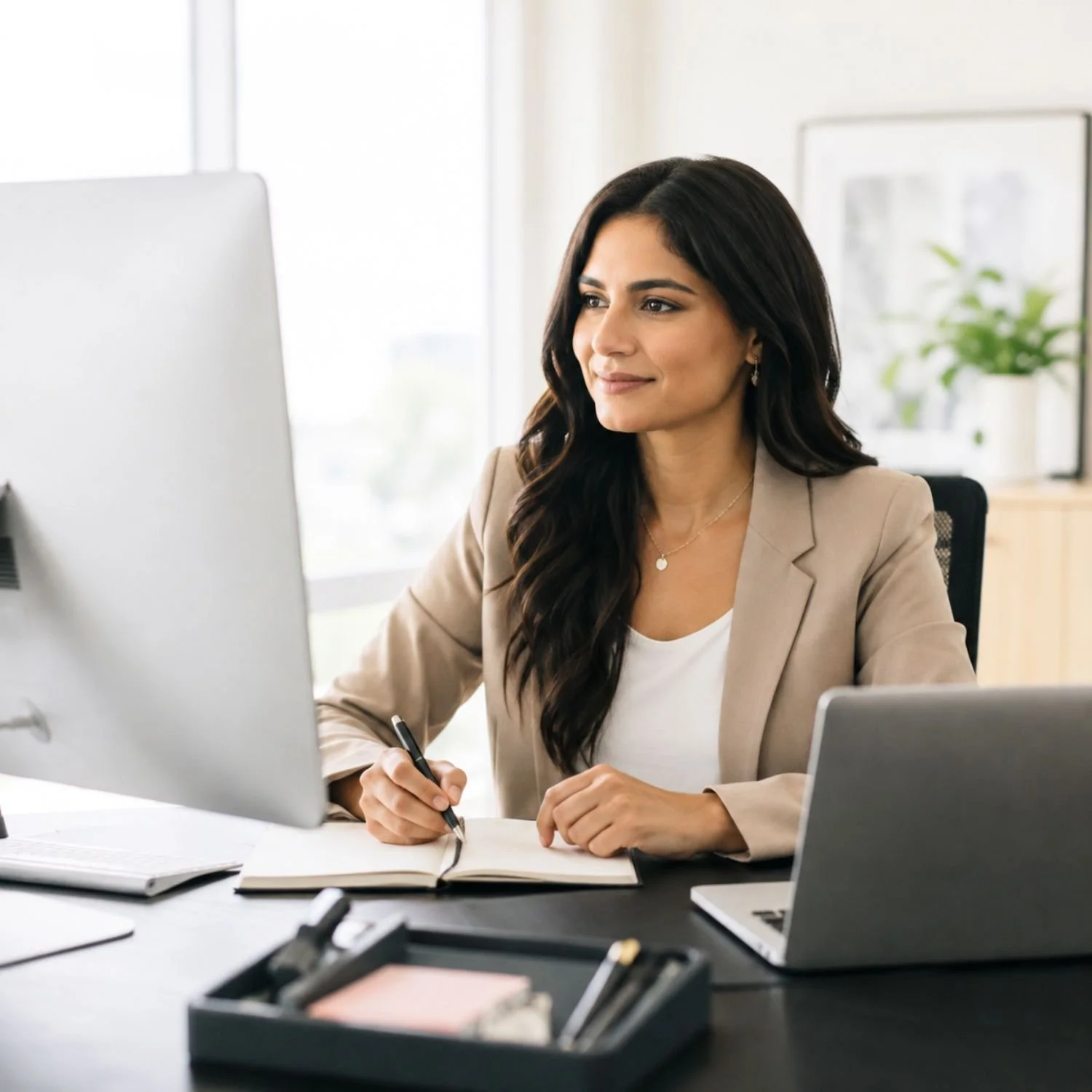 Virtual Executive Assistant working on computer and taking notes