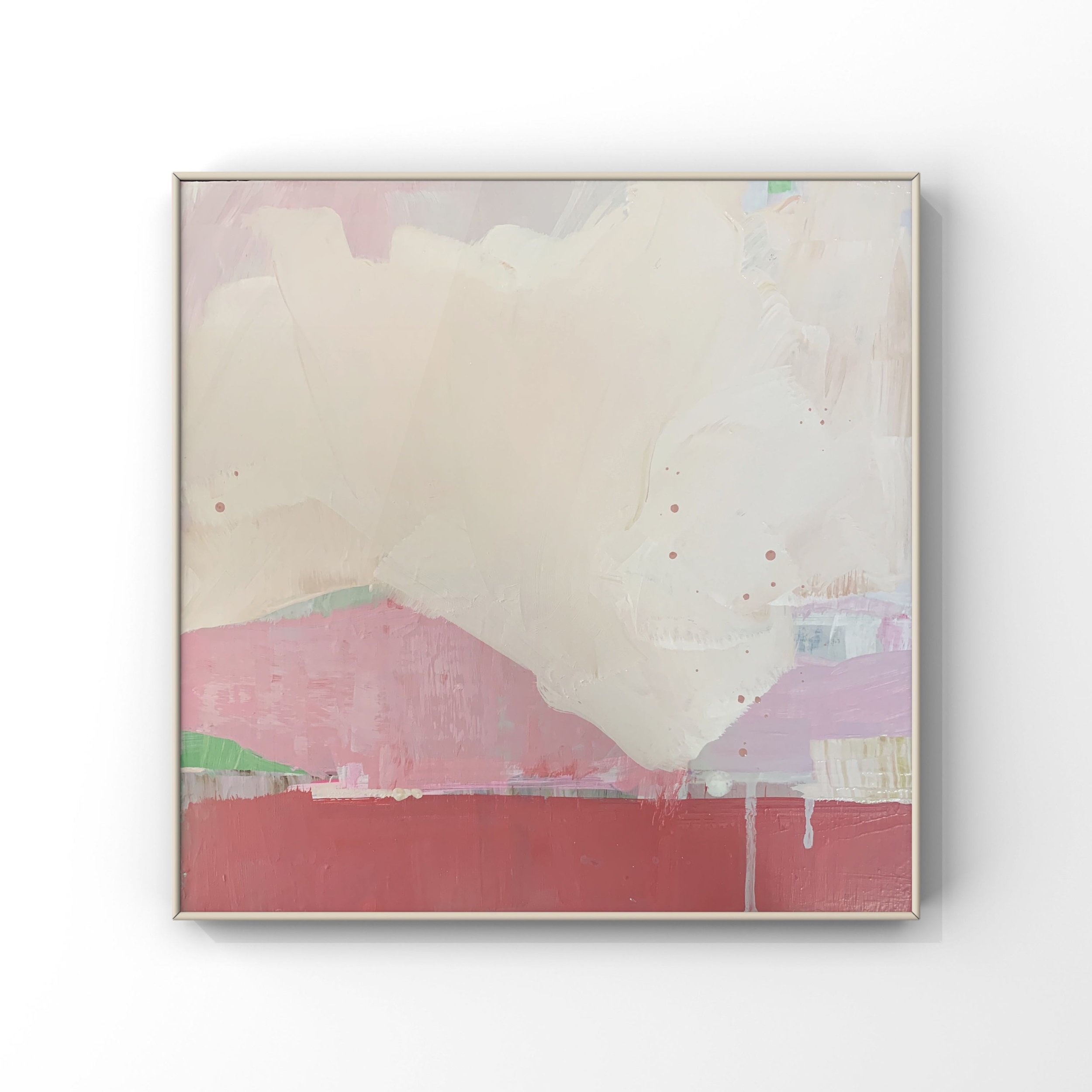 Abstract painting with soft pinks, creams, light purple, and a touch of green, framed and hung on a white wall.