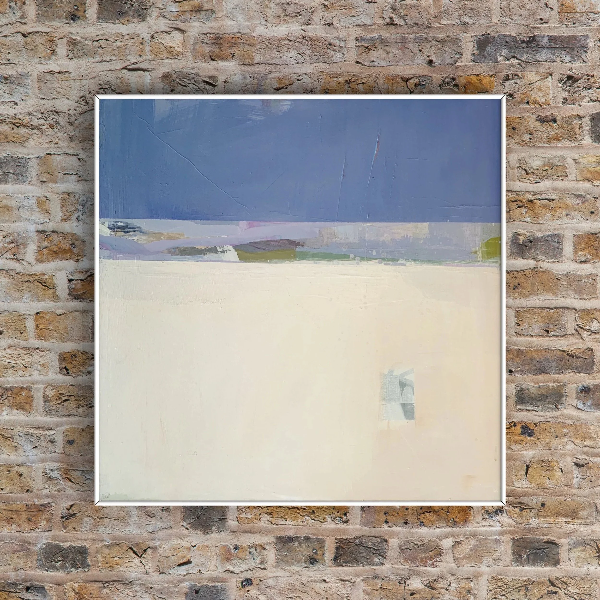Abstract painting featuring a large beige area, a light horizontal band, and a dark blue sky-like section on top.