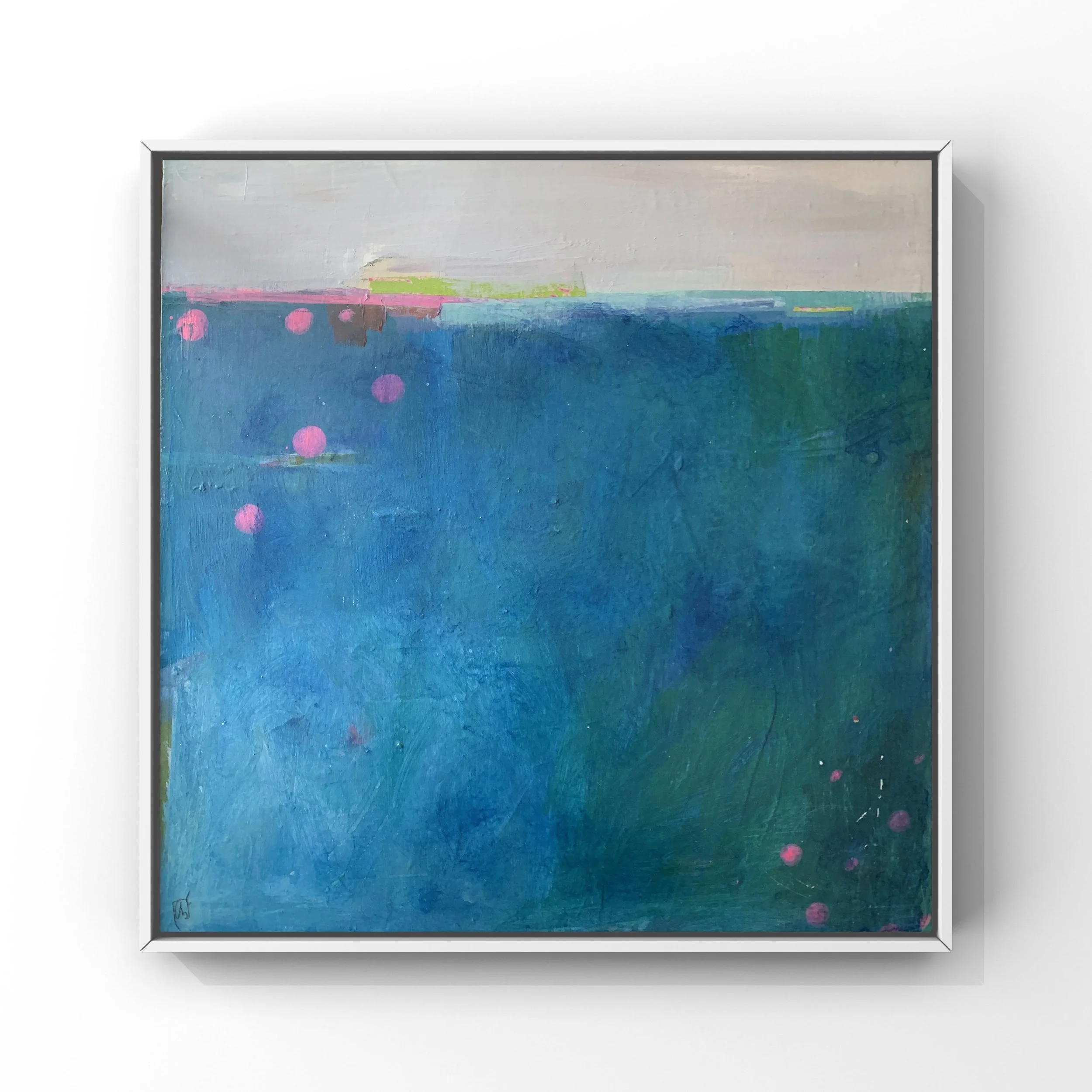 Abstract painting with shades of blue, green, pink, and white, featuring pink dots and brush strokes.