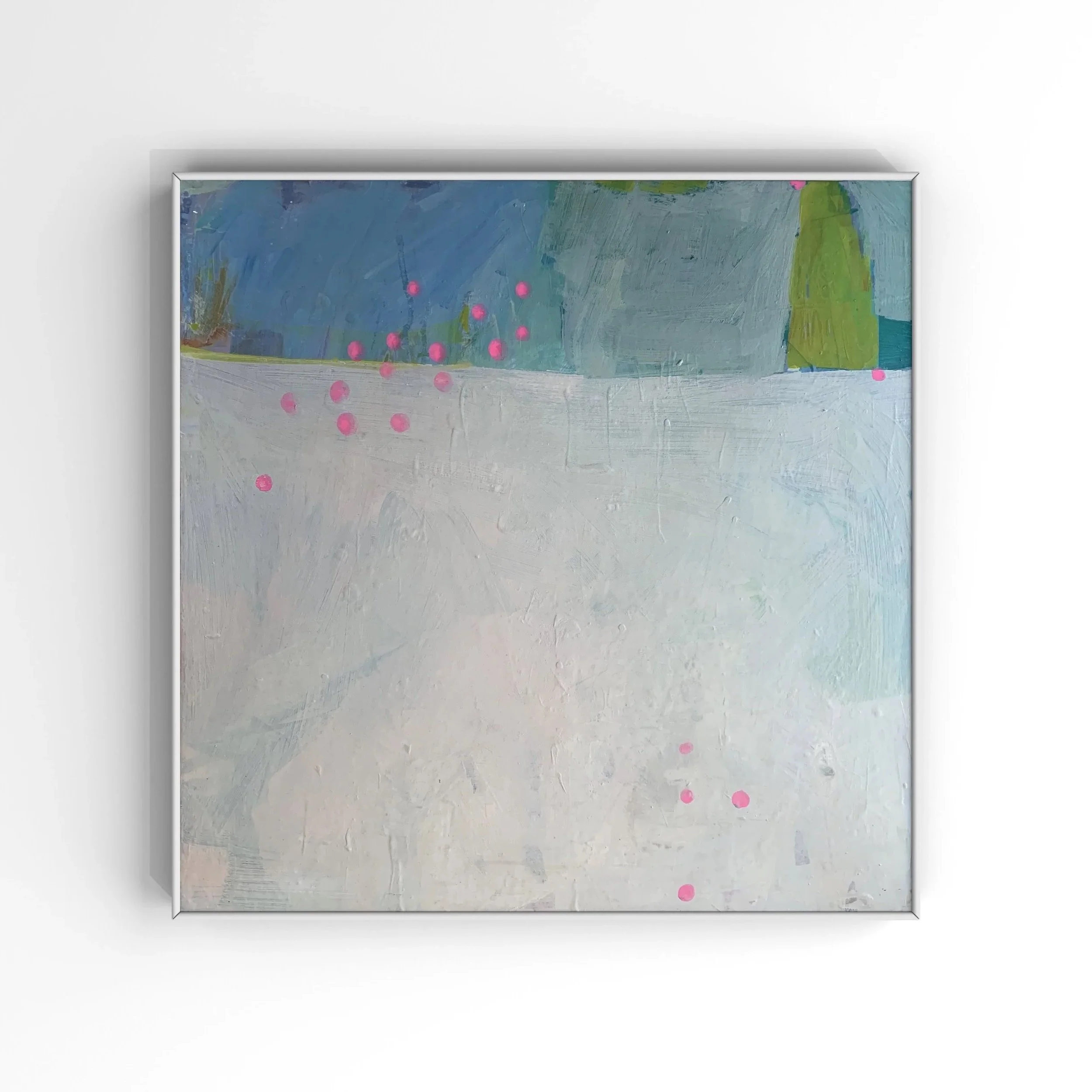 Abstract painting with light pastel colors, including pink dots scattered across the canvas, with hints of blue, green, and gray in the background.