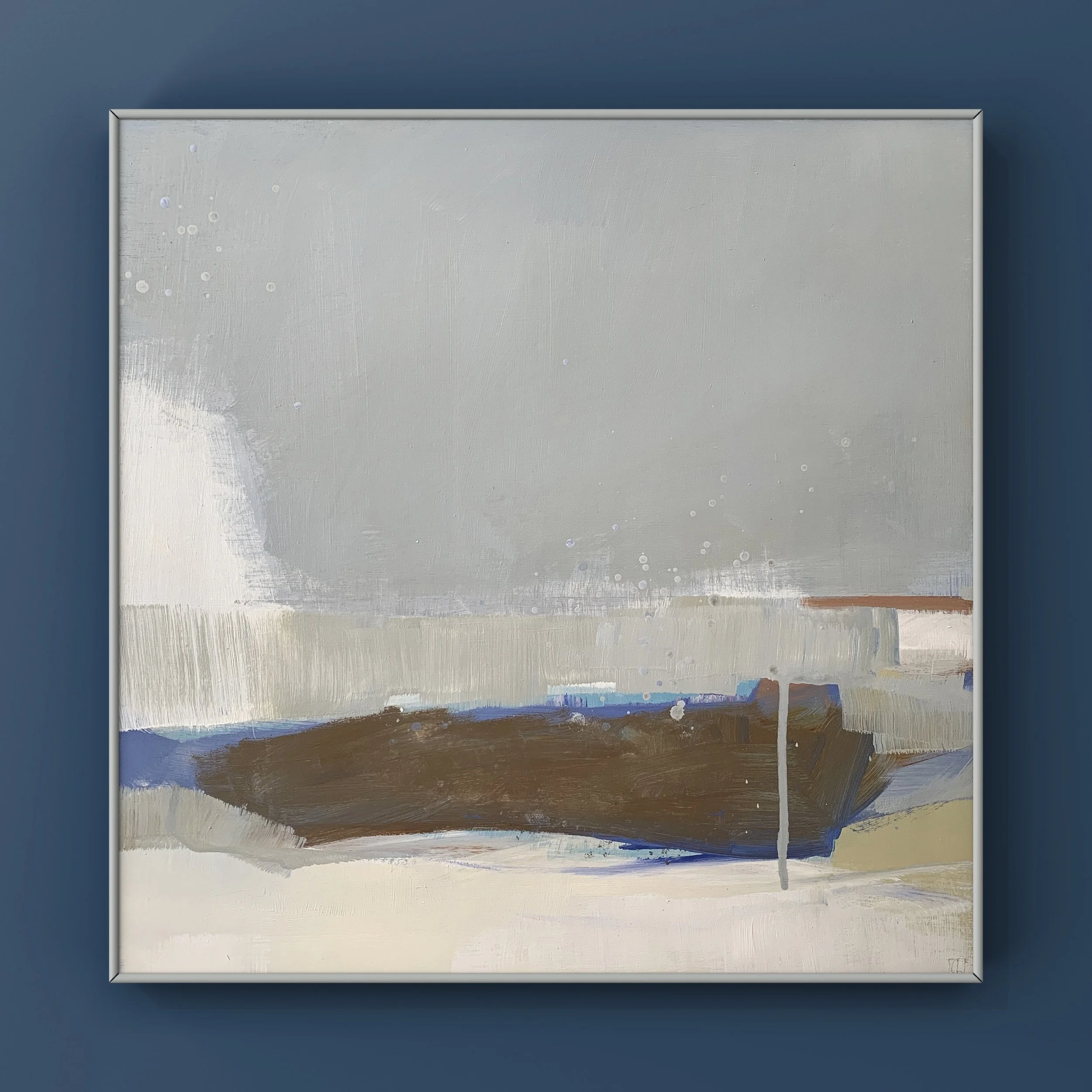 Abstract painting with large gray and beige areas, a dark brown shape in the lower middle, and some small splatters and streaks, framed on a dark blue wall.