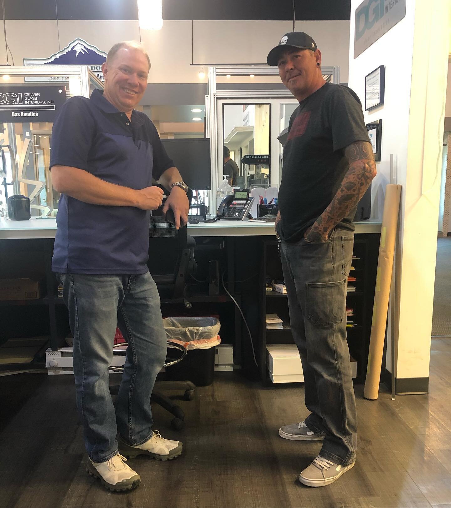 Spencer and Bill, gathering up all of their projects to get out and measure for the day! These are a couple of the guys you can expect to see when you schedule a template, as everything we do is custom fabricate to fit your specific space! #template 