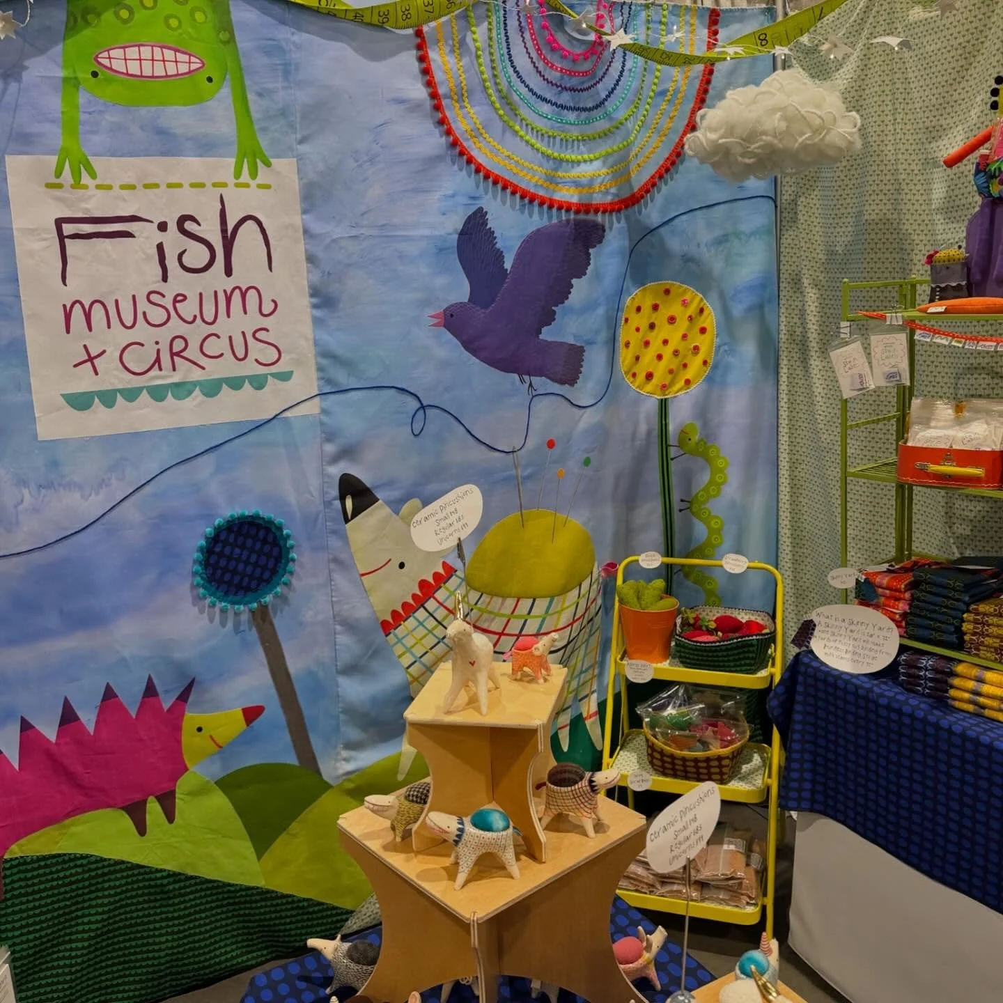 I had the best time hanging out with Deborah @fishmuseum, Leila @leila.gardunia, Jen @jenstrauser, and Catherine @catherineredford at the Fish Museum and Circus booth&hellip;making people happy with thingamal pin cushions, patterns, stickers and more