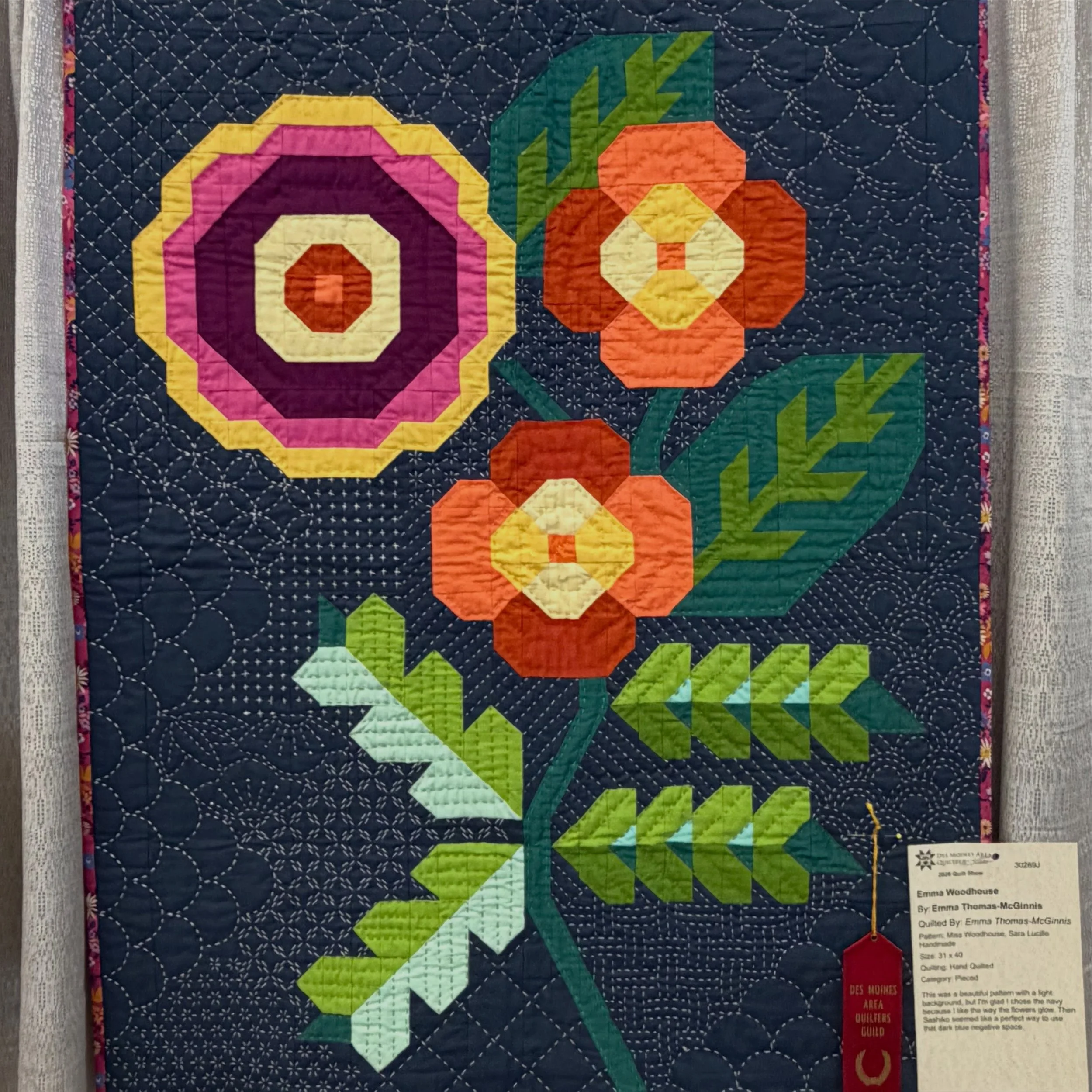 I forgot to post this after the DMAQG quilt show. My only entry this year was this small quilt, hand quilted with Sashiko stitches.  Pattern by Sara Lucille Handmade &ldquo;Miss Woodhouse&rdquo;.