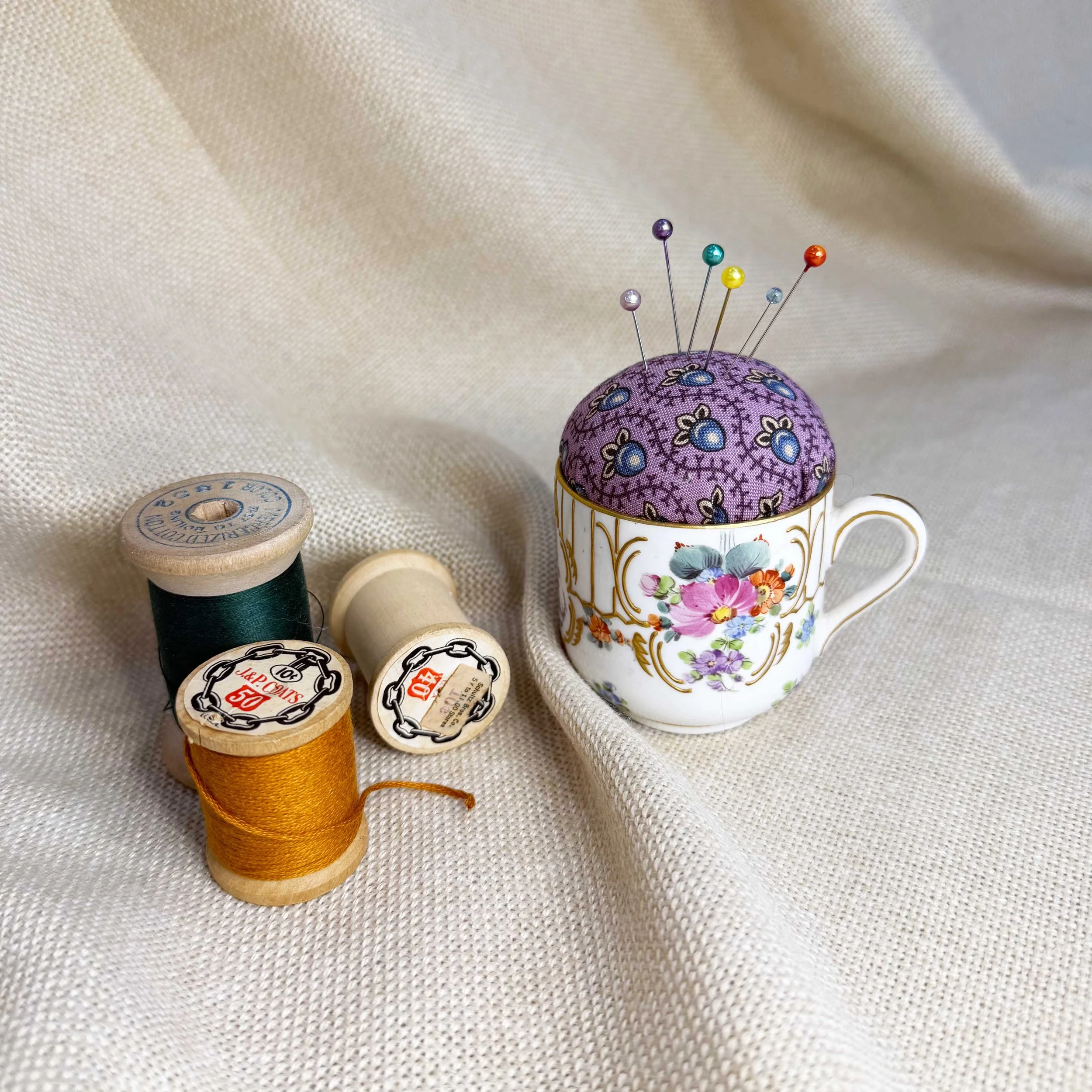 Vintage teacup pincushion quilter gift for mom heirloom sewing room decor