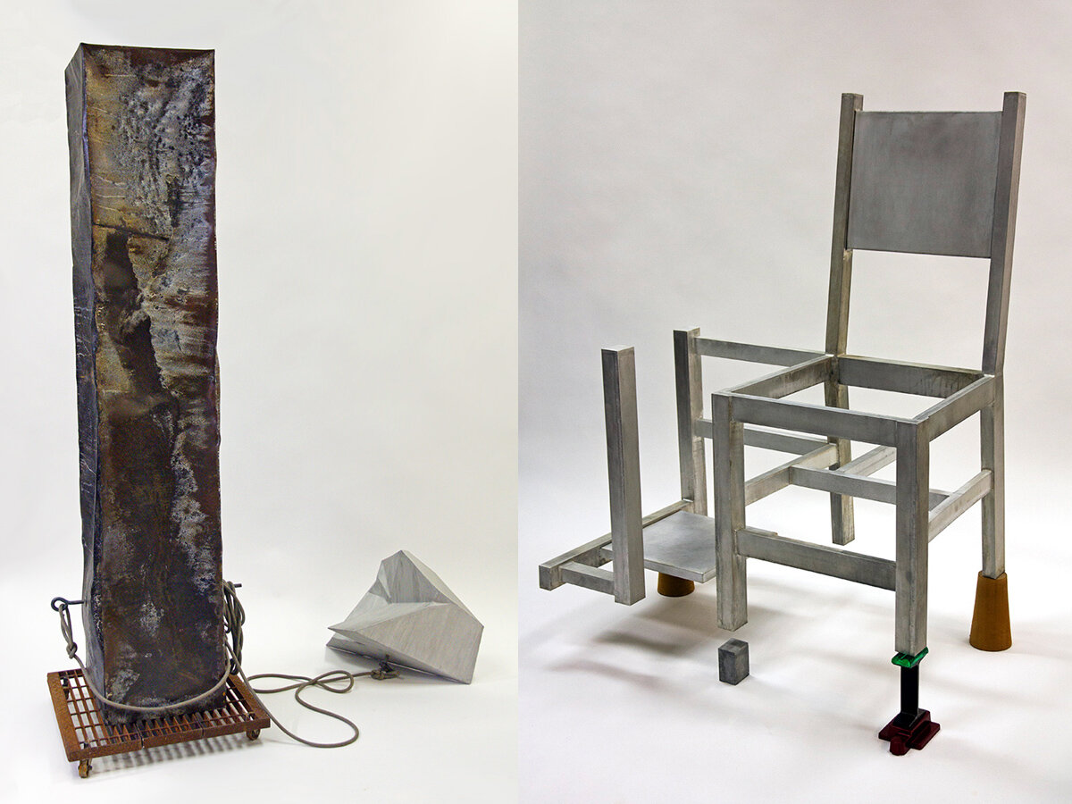  Daniel Laskarin:  tether,  2018, steel, aluminum, rope, 224 x 62 x 180 cm;  to extend and shift,  2016/19, aluminum, fabric, various props, 104 x 81 x 84 cm 