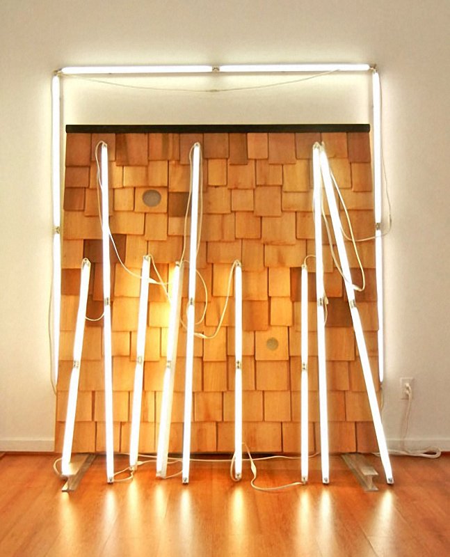   Room Upgrade for Pacific Northwest Afternoon,  2012, cedar shingles, fluorescent lamps, aluminum, 183 x 183 x 61 cm 