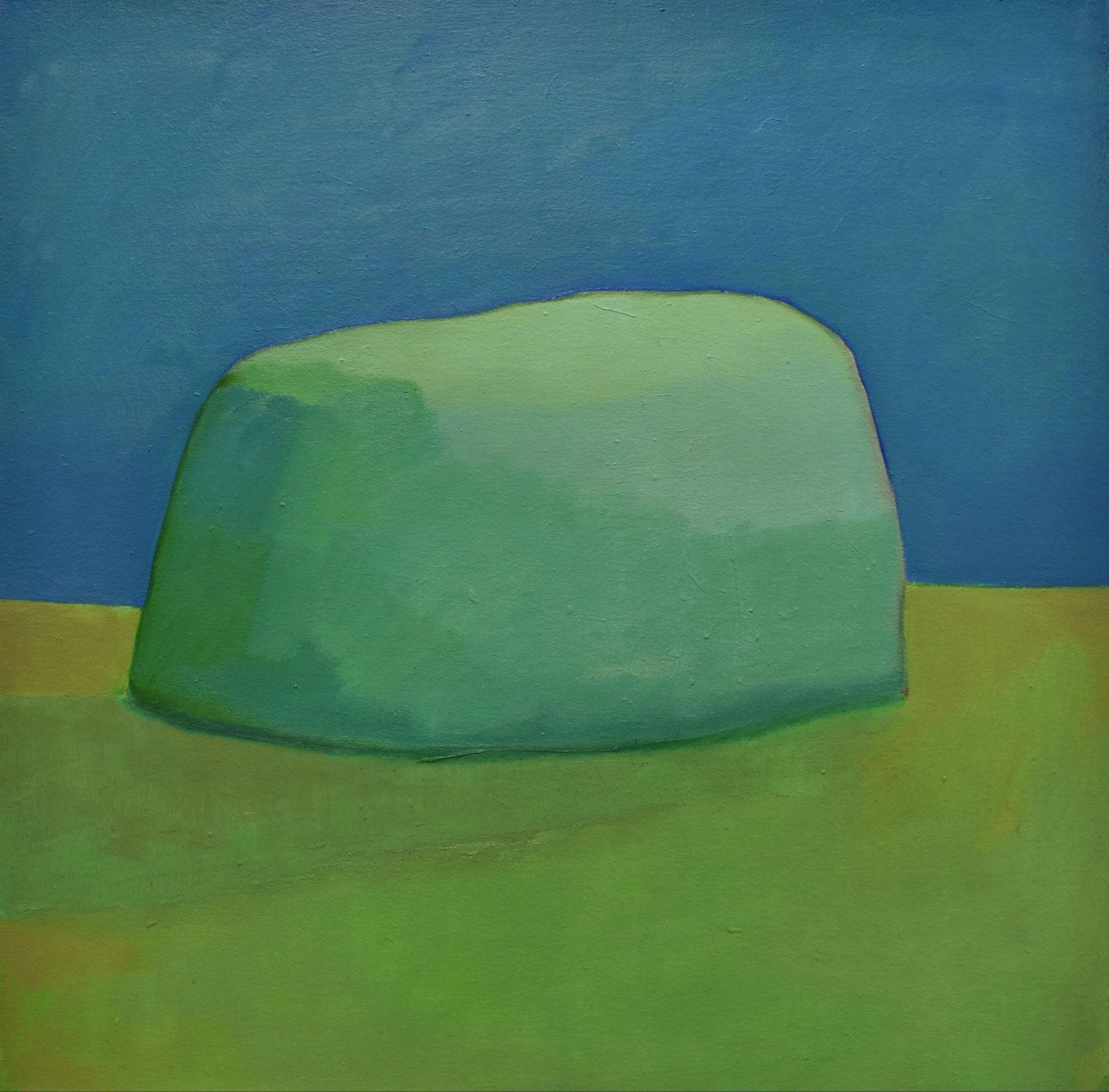 A oil painting on canvas of a teal rock sitting in a green field with a blue sky