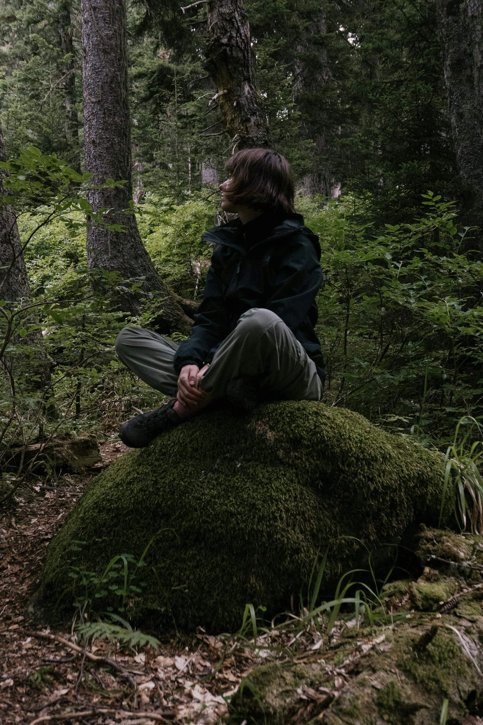 A person sits cross-legged on a moss-covered rock in a lush forest, gazing quietly to the side, reflecting the grounded, embodied healing supported by religious trauma therapy in St. Paul, MN, with a religious trauma therapist in St. Paul.