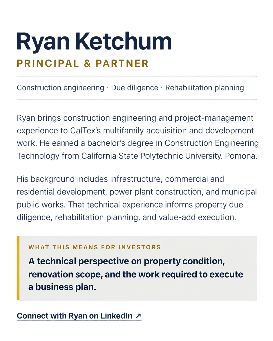 Business card for Ryan Ketchum, principal and partner, featuring information about construction engineering, diligence, and rehabilitation planning, with a professional headshot of Ryan, and a section highlighting the importance of technical perspectives on property conditions for investors.