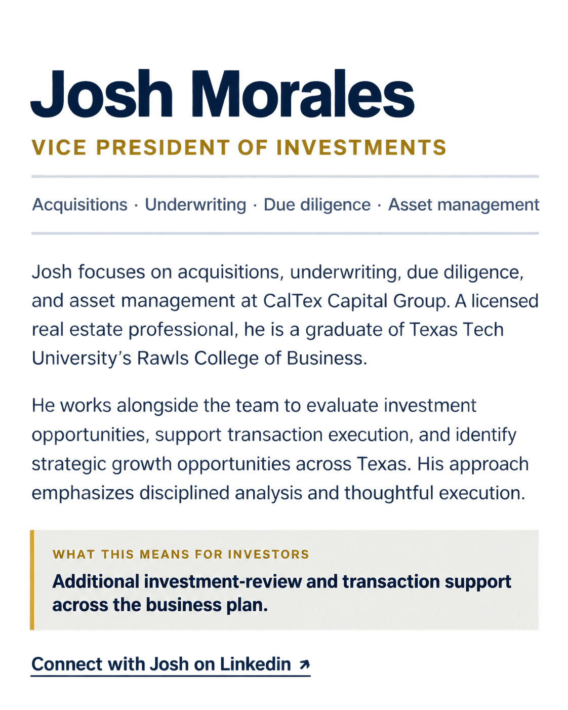 A professional profile for Josh Morales, Vice President of Investments, featuring a brief biography and investment focus, with an additional note about support for business plan reviews and transactions.