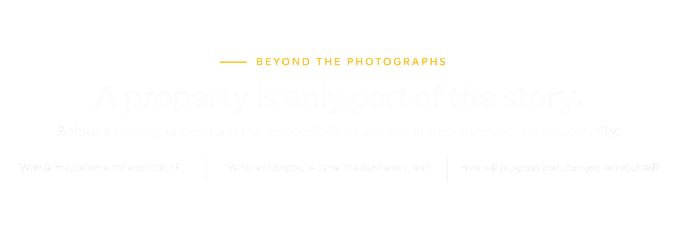 Text image with the quote, 'A property is only part of the story,' followed by questions about real estate responsibilities, business planning, and reporting progress, set on a black background with colorful headings.