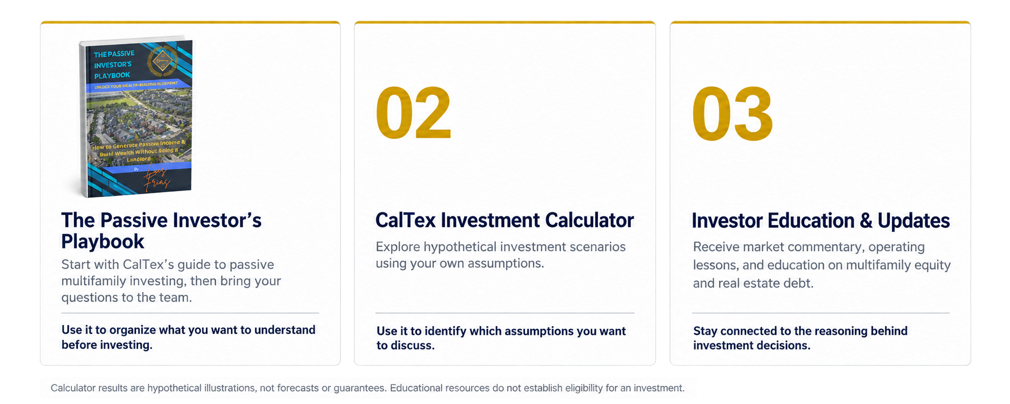 Three panels displaying information about a passive investor's playbook, a CalTex investment calculator, and investor education and updates, with a book cover on the first panel.