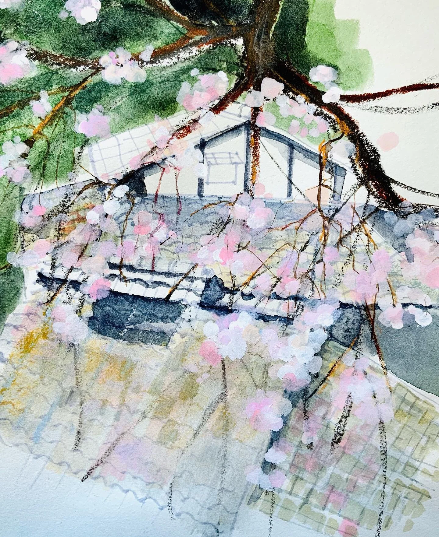 There&rsquo;s something about cherry blossoms and traditional Japanese architecture &hearts;️

やっぱり桜は日本家屋に良く似合う🌸

Watercolor, markers, and acrylic paint
.
.
.
.
.
#cherryblossoms #japan #drawingnature #drawingtrees #japanesepainting #markmaking #ske