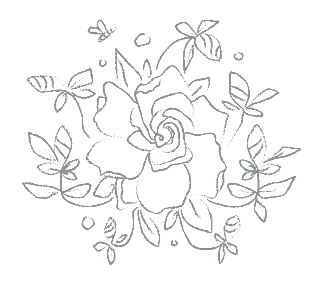 Outline drawing of a gardenia with leaves and small decorative elements.
