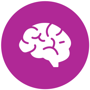 A purple background with a white illustration of a human brain in a side view.