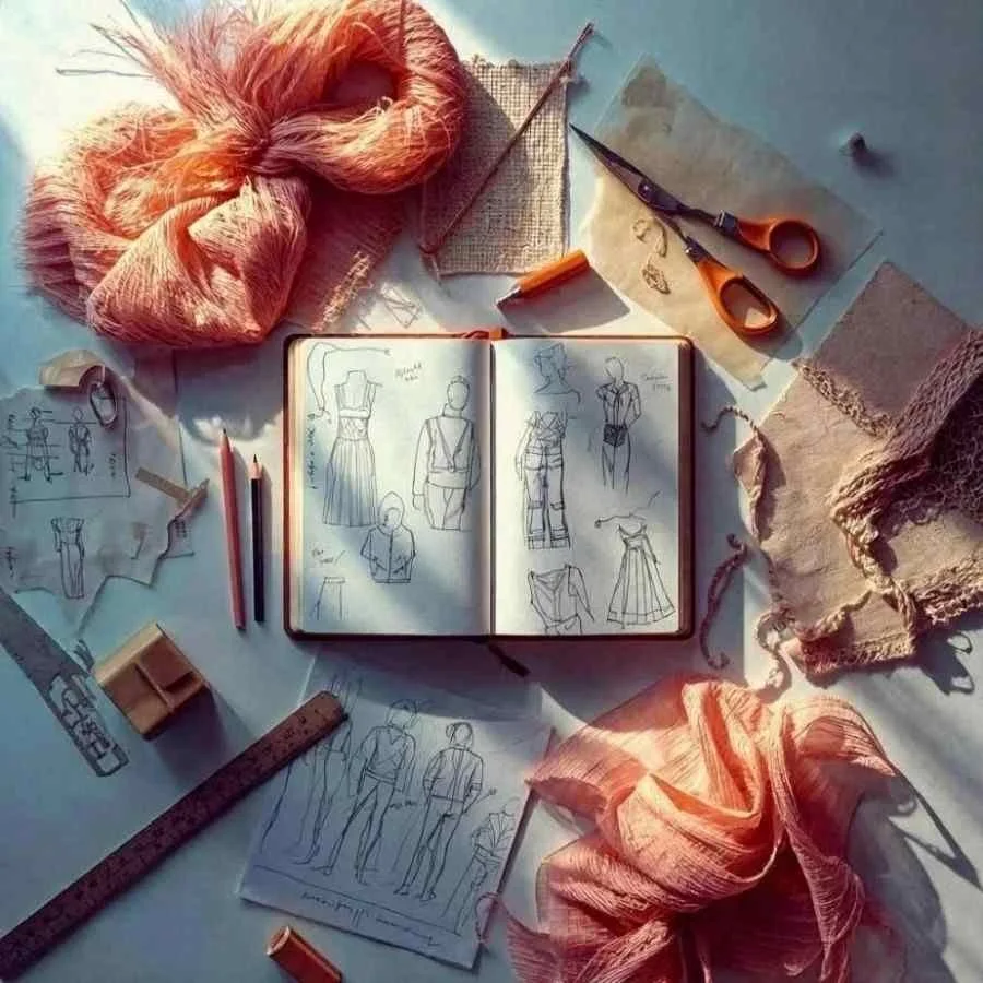 Sketches of fashion designs in an open notebook surrounded by fabric swatches, scissors, colored pencils, a ruler, and sewing tools.
