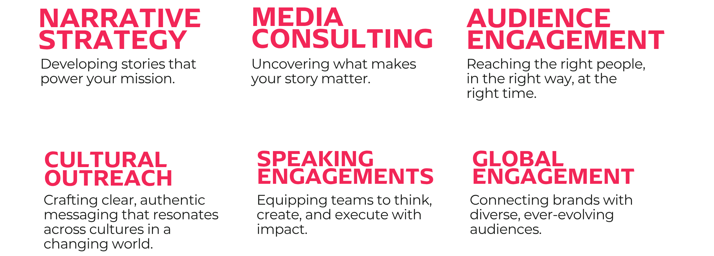 A black background with six sections of text in bold pink uppercase letters. The sections are labeled 'NARRATIVE STRATEGY,' 'MEDIA CONSULTING,' 'AUDIENCE ENGAGEMENT,' 'CULTURAL OUTREACH,' 'SPEAKING ENGAGEMENTS,' and 'GLOBAL ENGAGEMENT.' Each section has a brief description in smaller gray text underneath.