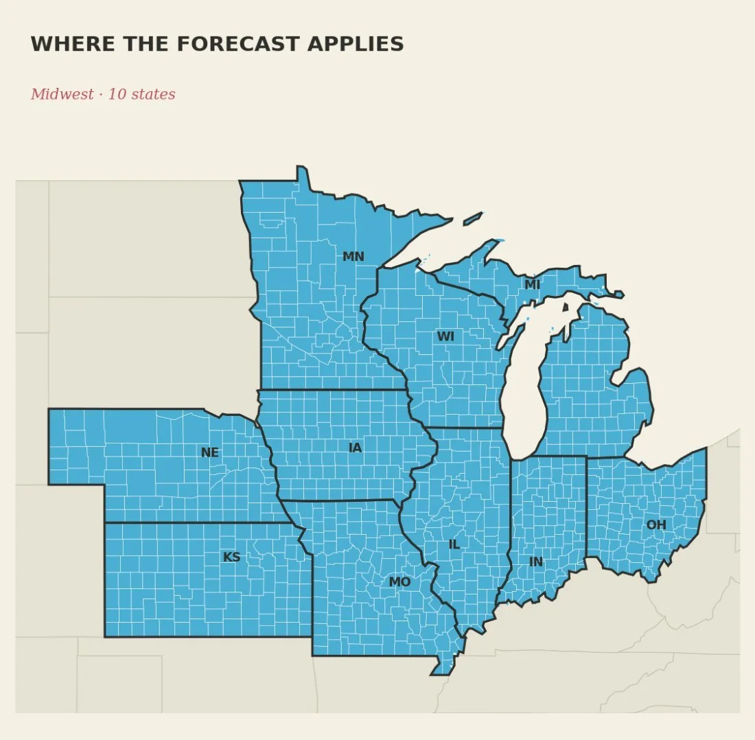 Map of the Midwest forecast area