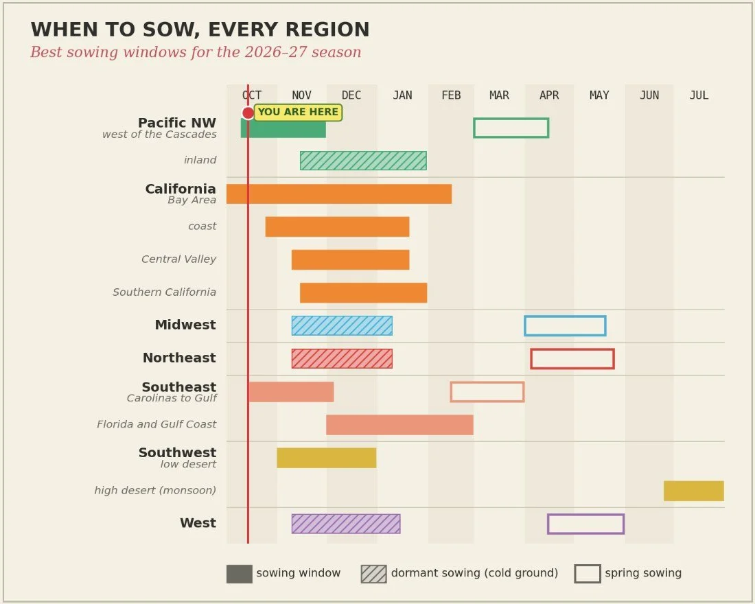 Timeline of the best sowing windows for every region, October through July