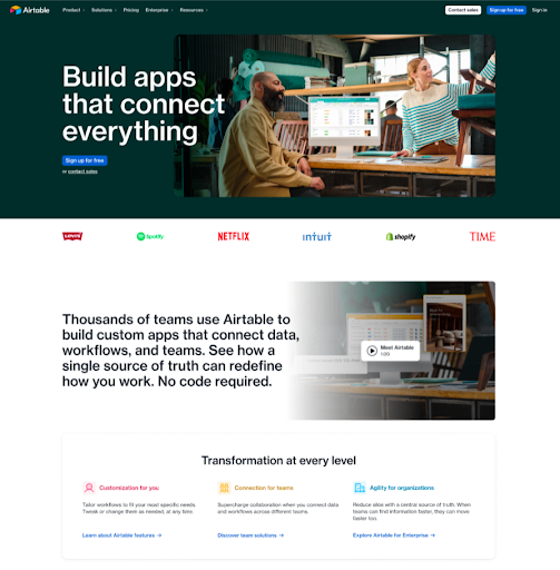 Airtable homepage experiment, option B: human focused