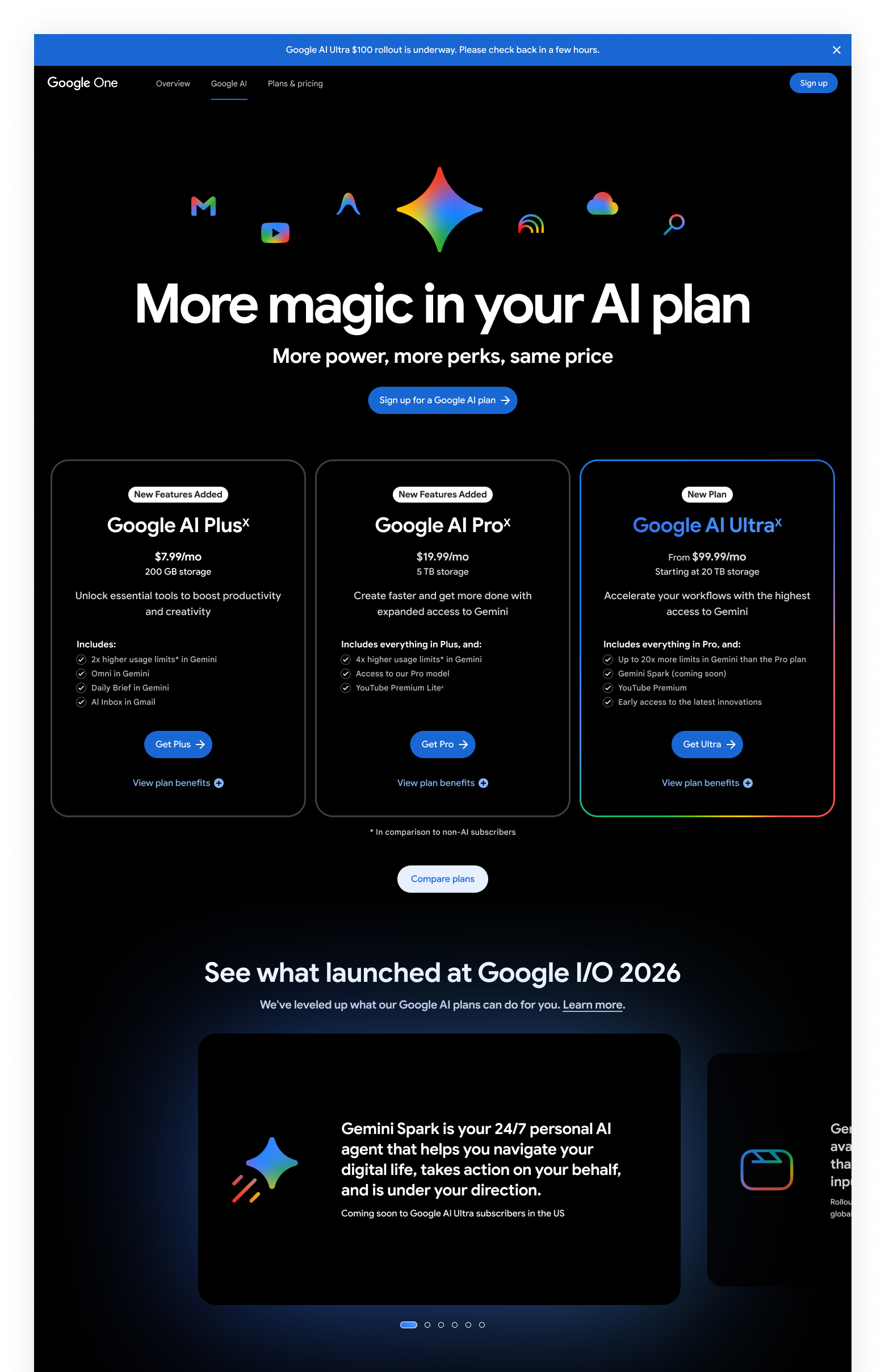 Google I/O "takeover" of AI plans page