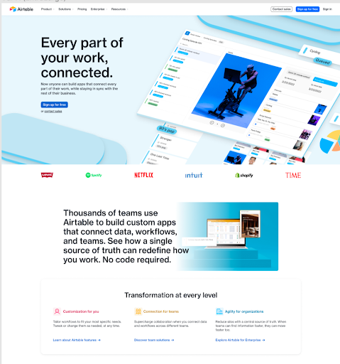 Airtable homepage experiment: option A, UI emphasis