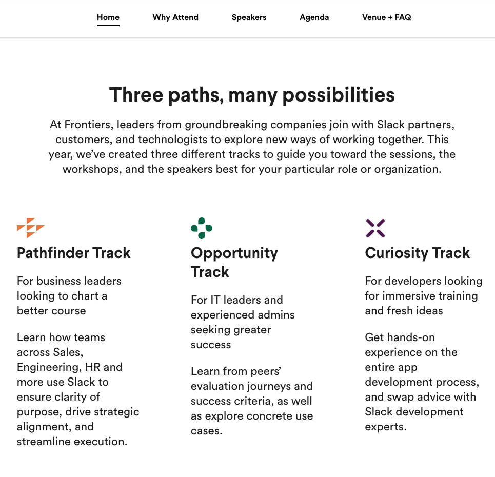 Frontiers website track descriptions, based on Mars rover names to go with the event's exploratory theme
