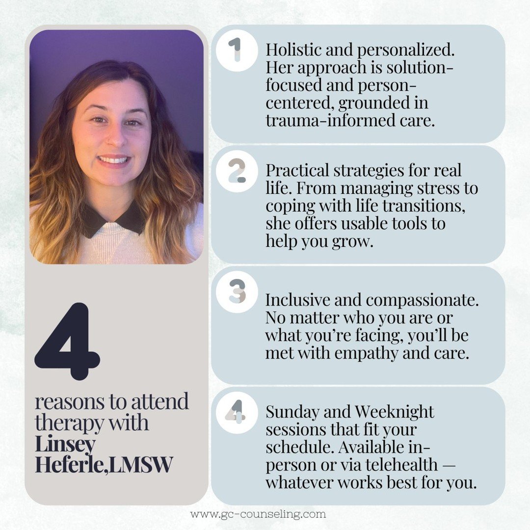 ✨ Ready to take the first step toward healing and growth? ✨

Meet Linsey Heferle, LMSW &mdash; a compassionate, inclusive therapist offering in-person and telehealth sessions at GC Counseling.

Here&rsquo;s why clients love working with Linsey:
🧩 Ho