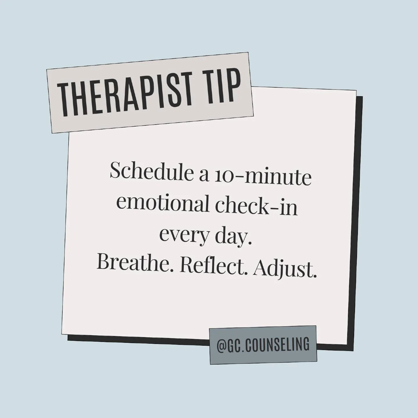 Therapist Tip Thursday 🌿

Schedule a 10-minute emotional check-in every day.
Pause. Breathe. Reflect. Adjust.

It doesn&rsquo;t have to be complicated &mdash; simply ask yourself:
💭 &ldquo;What emotion am I feeling right now?&rdquo;
💭 &ldquo;What 