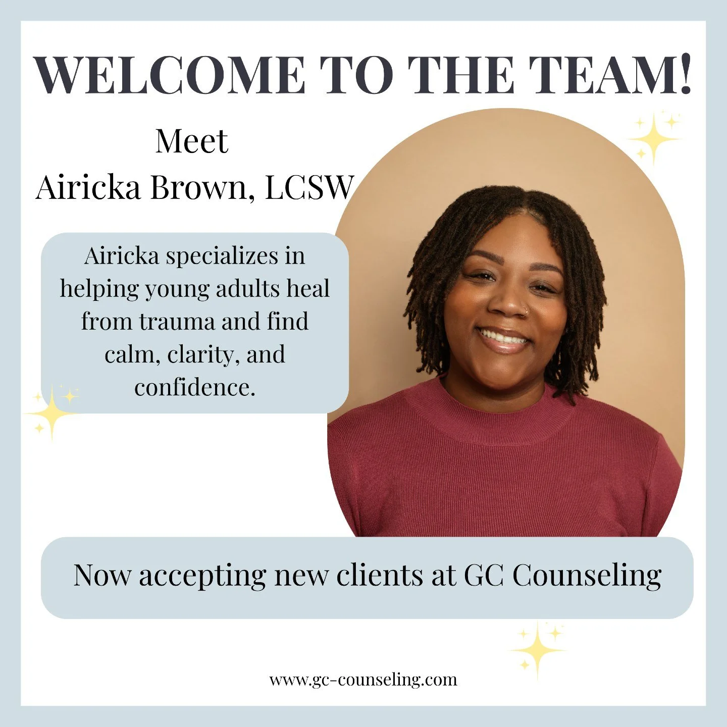 Join us in welcoming Airicka Brown, LCSW to GC Counseling! 💫
She offers trauma-informed, person-centered therapy for young adults ready to heal, grow, and reconnect with themselves.

🌿 telehealth sessions available
📞 Now accepting new clients &mda