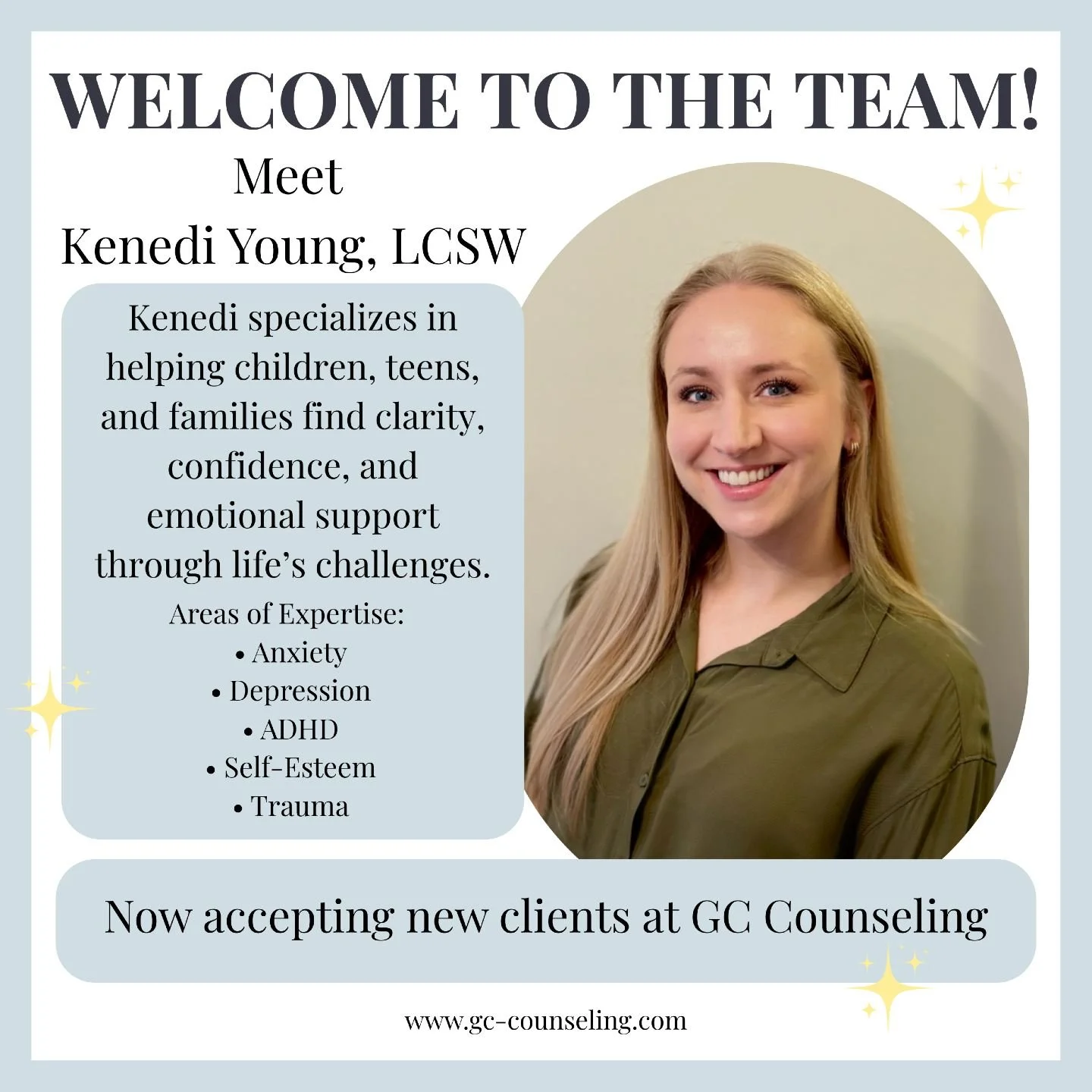 📣 Join us in welcoming Kenedi Young, LCSW to our team! Kenedi brings many years of experience supporting children, teens, and families through anxiety, depression, ADHD, and trauma to GC Counseling. Kenedi is offering tele-health and in person thera