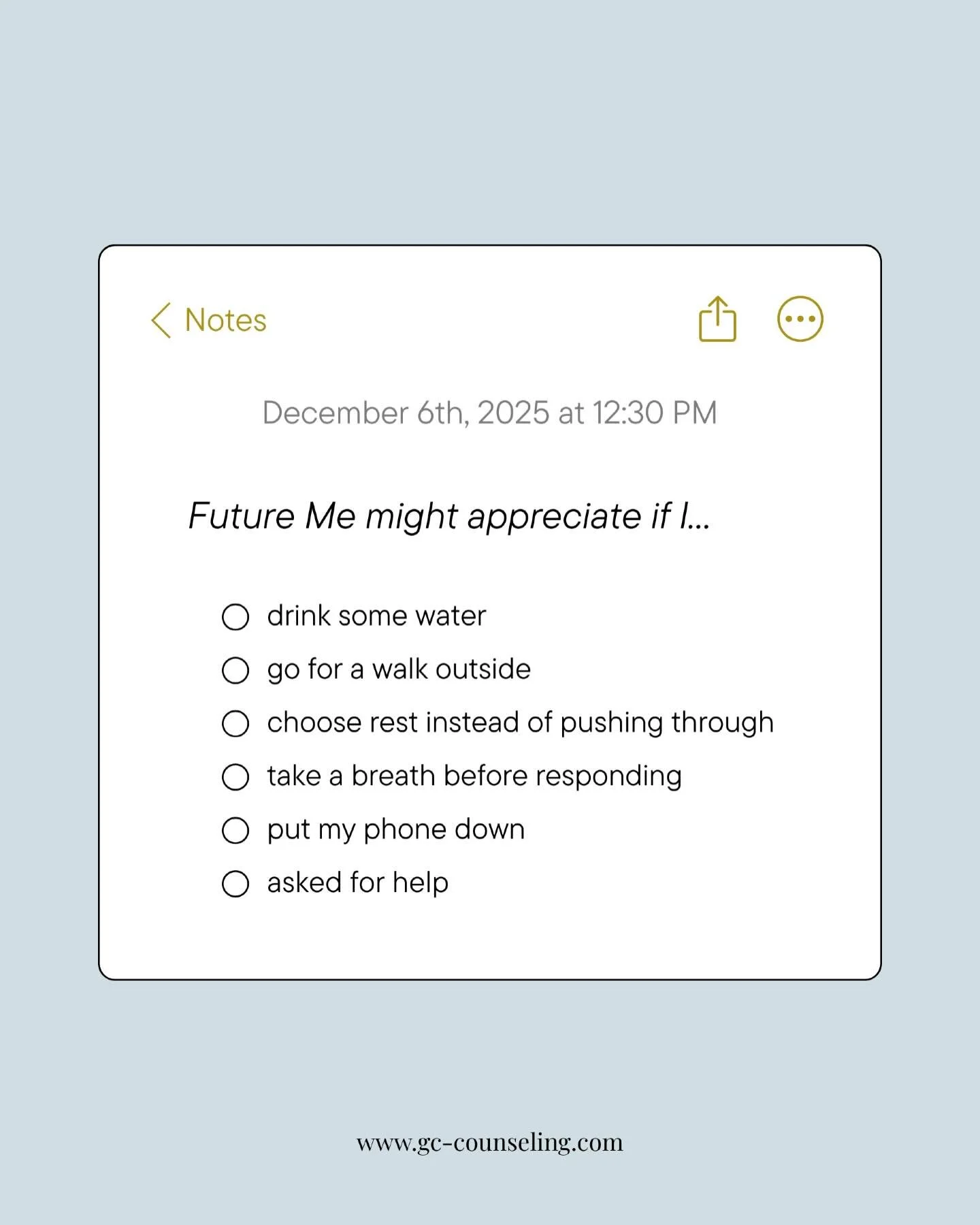 🤔Try asking yourself: What would Future Me appreciate today? 

Maybe it&rsquo;s drinking water, sending that email, stepping outside for a minute, or choosing rest instead of pushing through.

This simple check-in reduces avoidance, eases overwhelm,