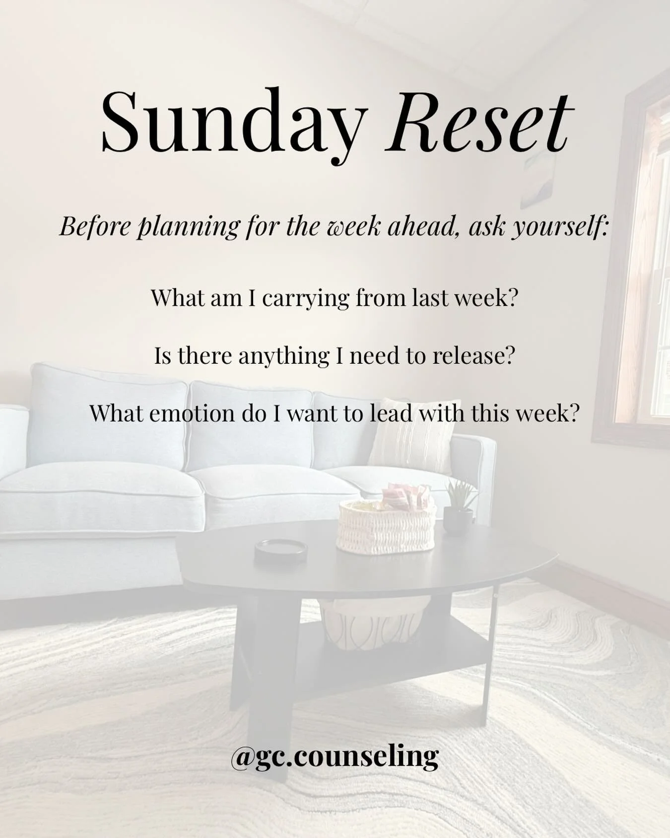 Before you plan the week, pause. A real reset starts internally. 

If you&rsquo;re tired of repeating the same cycles every week, that&rsquo;s not a failure &mdash; it&rsquo;s a sign it might be time for deeper support. Therapy gives you space to slo